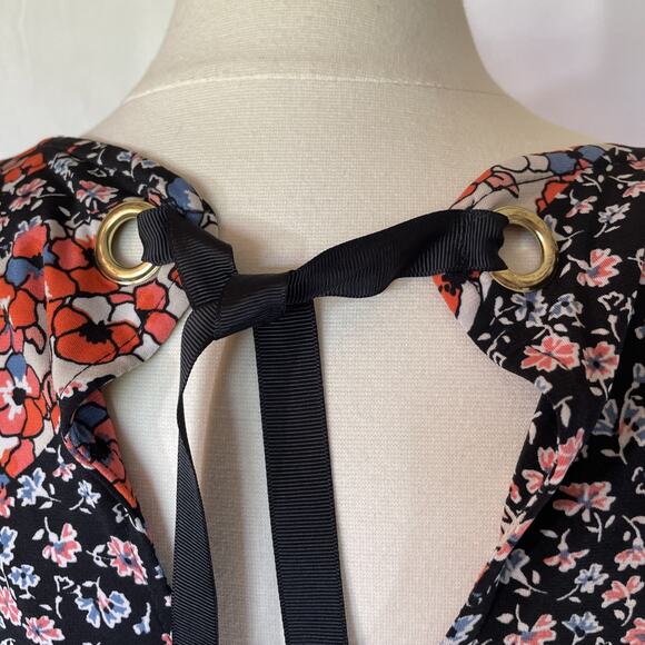 Westport 1962 Red White Blue Floral V-Neck Dress Ribbon Keyhole Flutter Sleeves - Picture 7 of 15